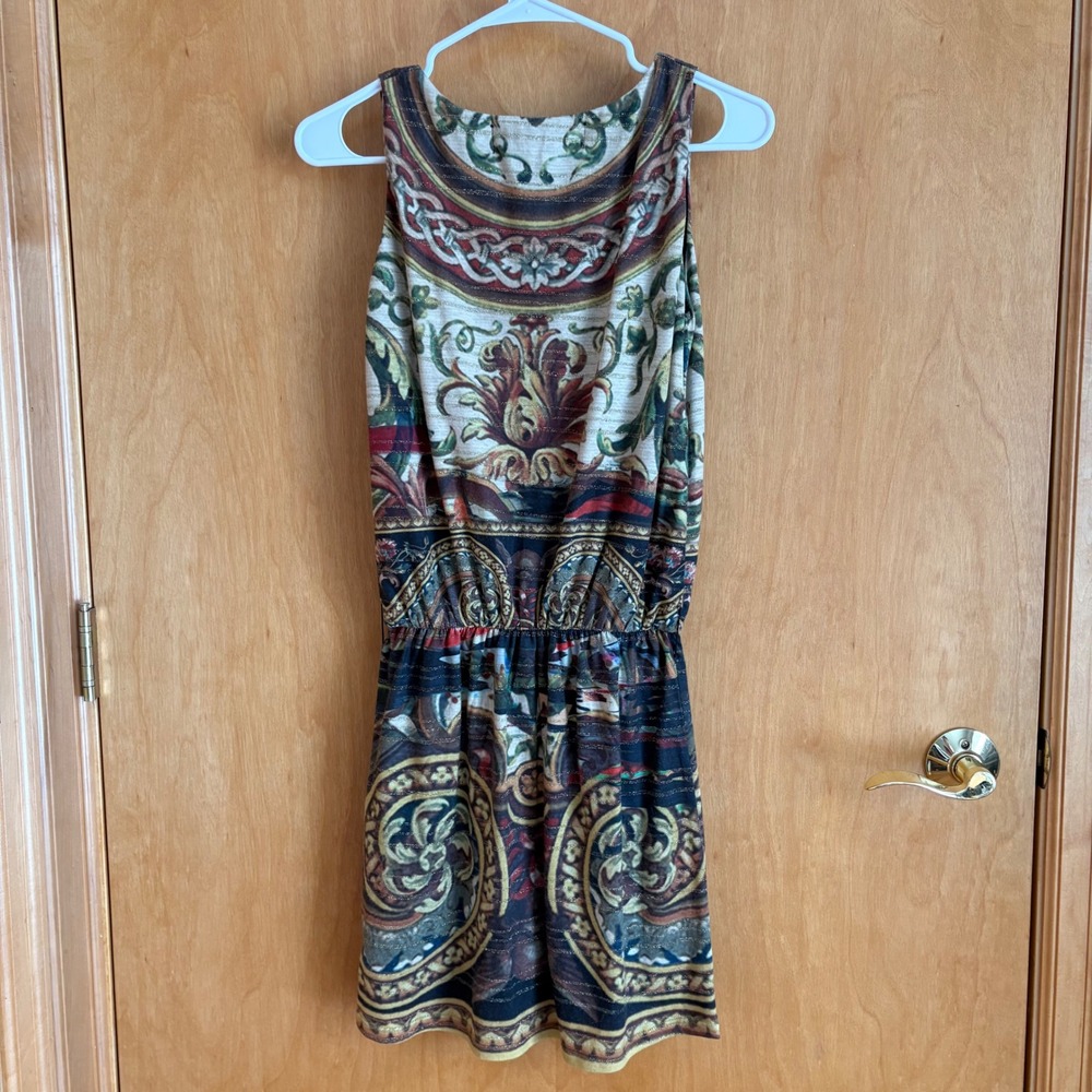Desigual Womens Boho Embroidered Beaded Sleeveless Dress Gold Metallic Print XS - Picture 5 of 9